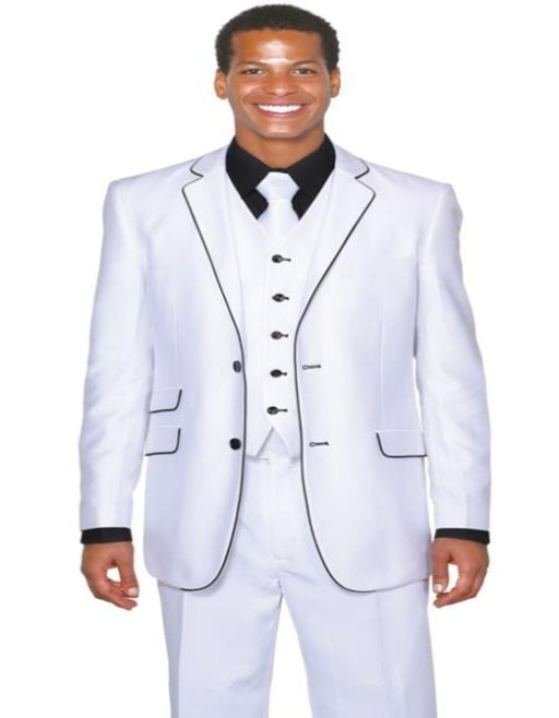 Black Lapel Two Toned Men'S 2 Button 3 Piece Church Suit White Tuxedo With Black Trim - Three Piece Suits