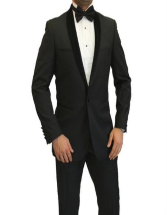 Men's Two Toned Full Lapel Shawl Black Tuxedos wool Fabric Suits