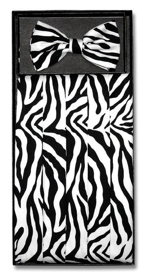 Men's Black/White Zebra Skin Design Polyester Bowtie & Matching Cummerbund