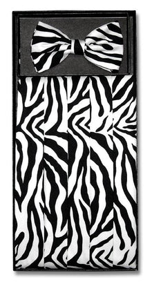 Men's Black/White Zebra Skin Design Polyester Bowtie & Matching Cummerbund