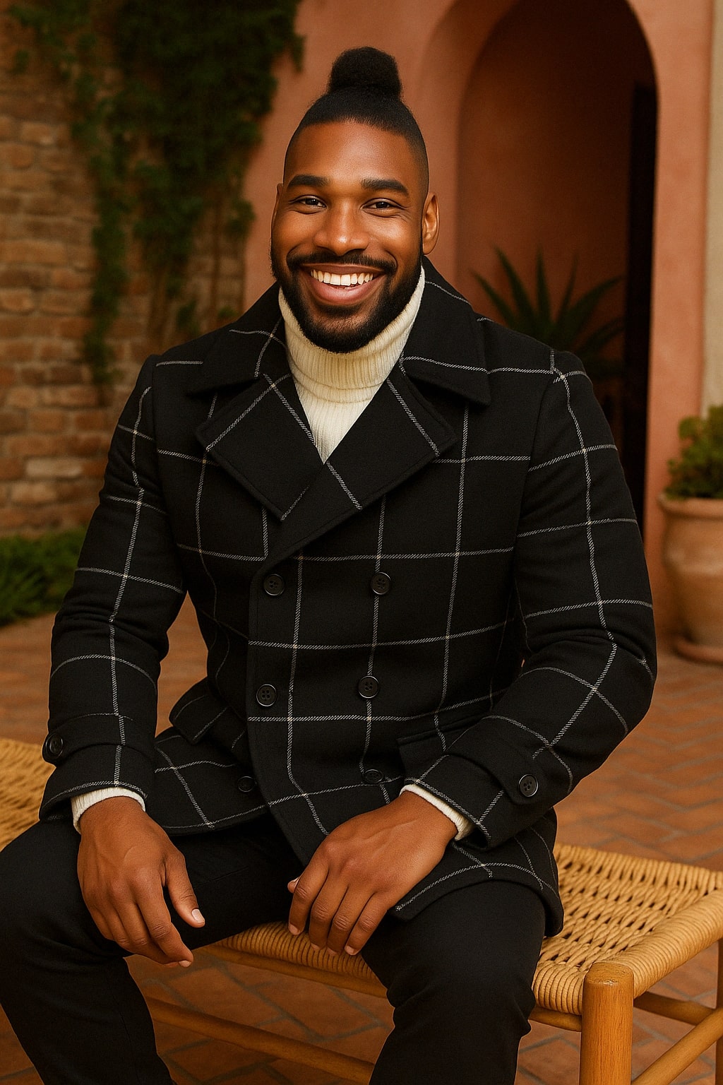 Coat Mens Black Windowpane Check Wool Overcoat – Double-Breasted