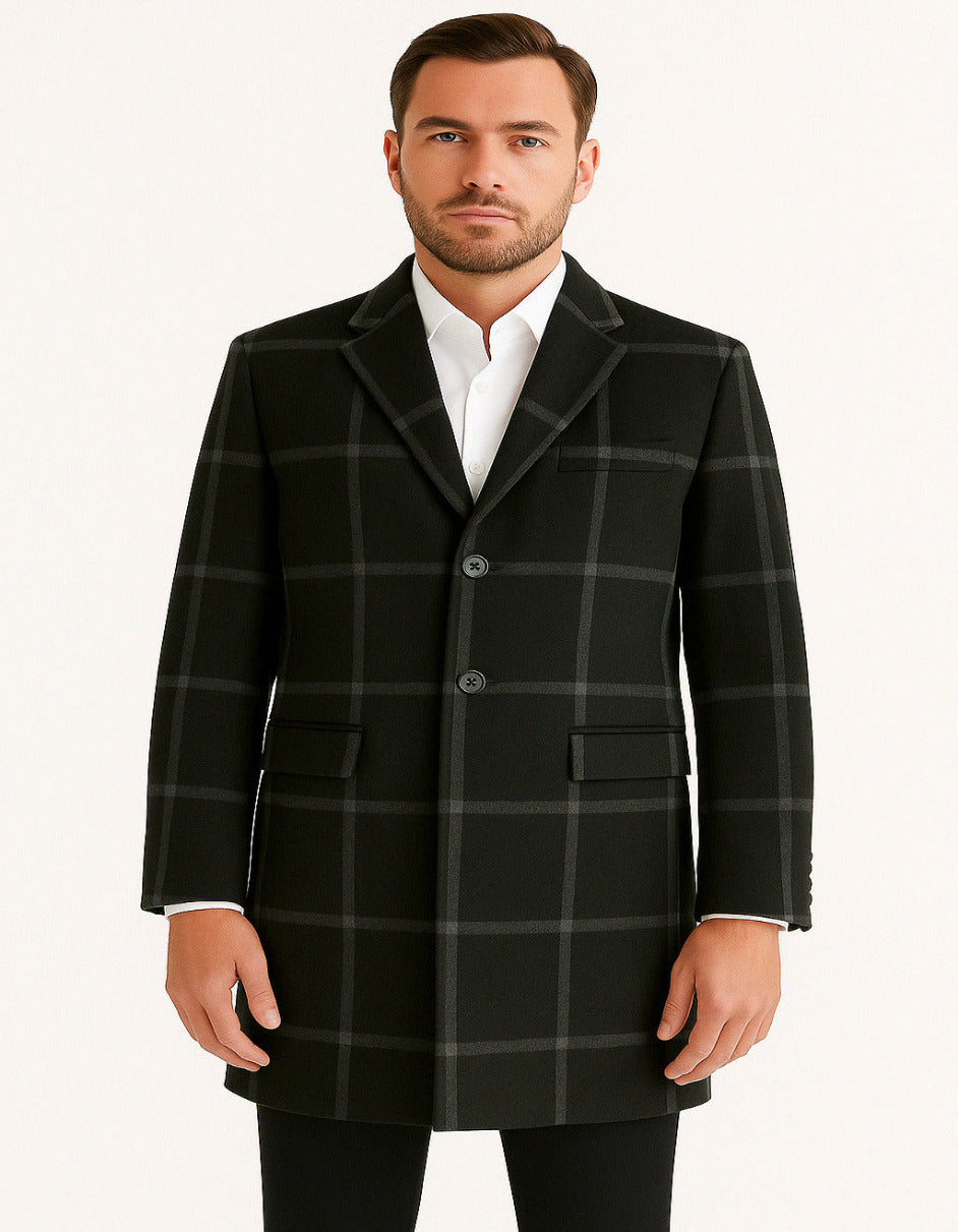 Mens Black Windowpane Wool Overcoat – Big Plaid Pattern Classic Checke ...