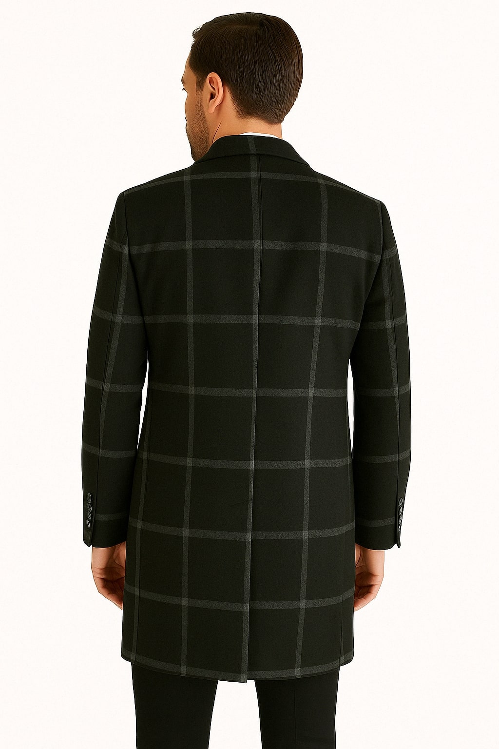 Mens Black Windowpane Wool Overcoat – Classic Long Checkered Coat Checkered Plaid Pattern - Image 2