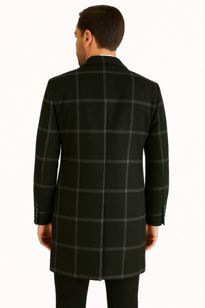 Mens Black Windowpane Wool Overcoat – Classic Long Checkered Coat Checkered Plaid Pattern - Image 2
