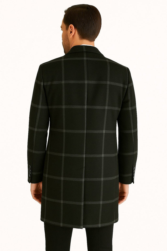 Mens Black Windowpane Wool Overcoat – Classic Long Checkered Coat Checkered Plaid Pattern - Image 2