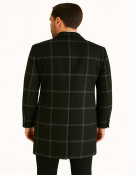 Mens Black Windowpane Wool Overcoat – Big Plaid Pattern Classic Checkered CarCoat - Image 2