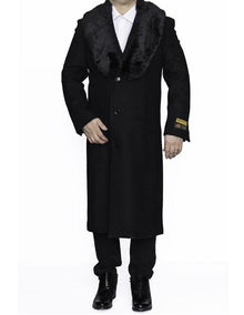 Men's Black Full Length 48” Long Fur Collar  Overcoat