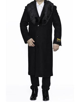 Men's Black Full Length 48” Long Fur Collar Overcoat