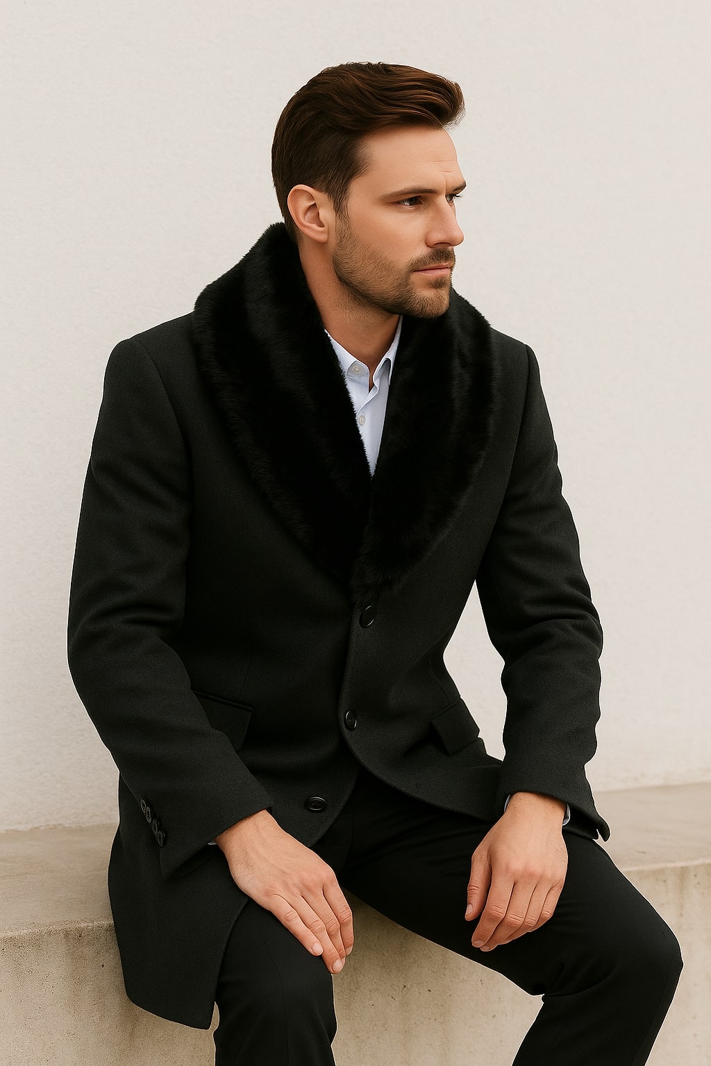 Mens Black Wool Overcoat with Black Faux Fur Collar – Luxury Winter Dress Coat - Image 2