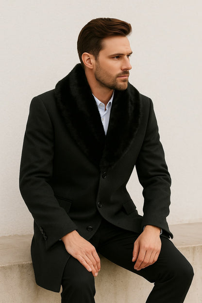 Mens Black Wool Overcoat with Black Faux Fur Collar – Luxury Winter Dress Coat - Image 2