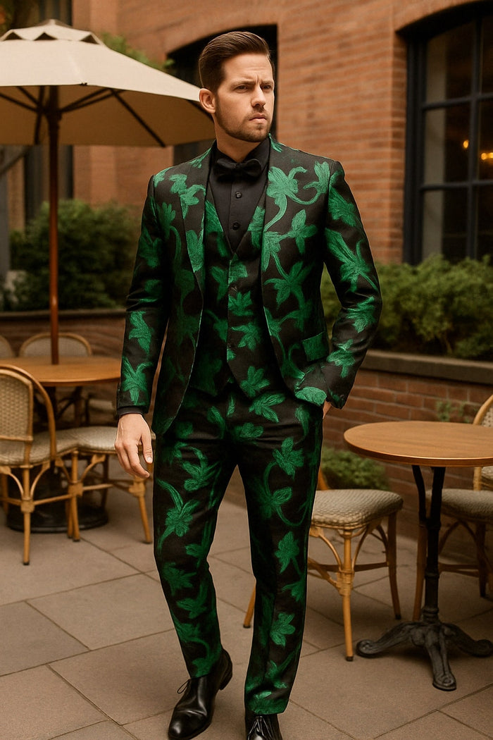 Mens Black and Emerald Green Velvet Floral Tuxedo Suit – Slim Fit 2 Piece Formalwear for Weddings and Events Slim Fitted - Image 2