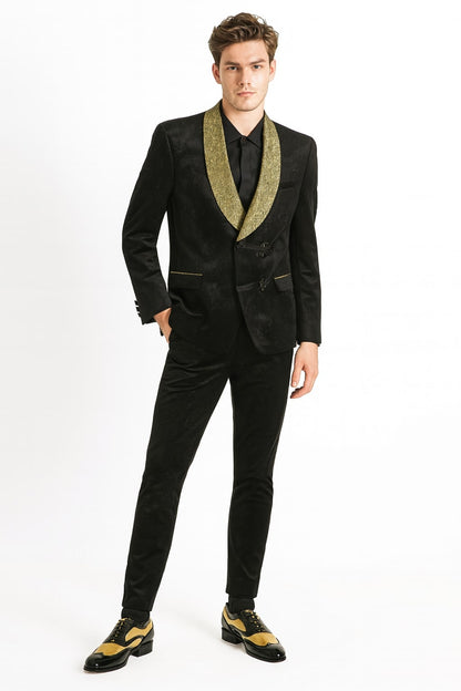 Mens Black and Gold Jacquard Tuxedo Blazer – Luxury Shawl Collar Wedding and Party Smoking Jacket - Image 3