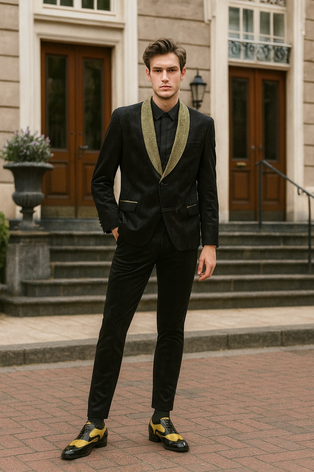 Mens Black and Gold Jacquard Tuxedo Blazer – Luxury Shawl Collar Wedding and Party Smoking Jacket - Image 5