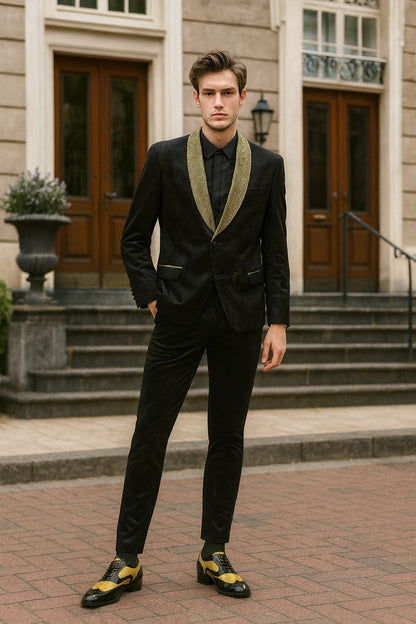 Mens Black and Gold Jacquard Tuxedo Blazer – Luxury Shawl Collar Wedding and Party Smoking Jacket - Image 5