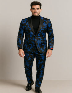 Mens Black and Royal Blue Floral Tuxedo Suit – Slim Fit 2 Piece Velvet Embroidered Outfit for Weddings, Prom, and Formal Events