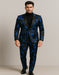 Mens Black and Royal Blue Floral Tuxedo Suit – Slim Fit 2 Piece Velvet Embroidered Outfit for Weddings, Prom, and Formal Events
