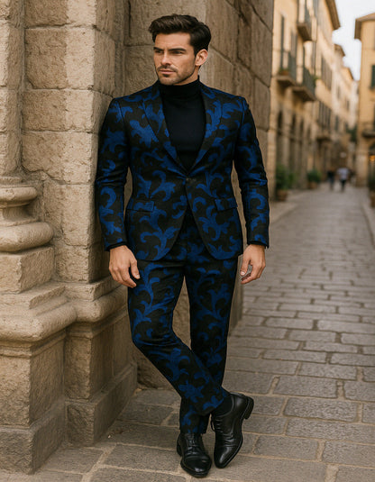 Mens Black and Royal Blue Floral Tuxedo Suit – Slim Fit 2 Piece Velvet Embroidered Outfit for Weddings, Prom, and Formal Events - Image 2