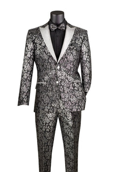 Black and Silver Floral Tuxedo Suit for Men – Luxury Two-Piece Formal Suit with Satin Lapel and Bow Tie - Image 4