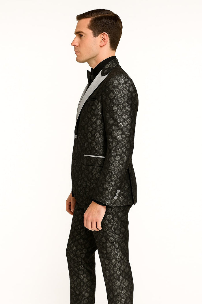 Black and Silver Floral Tuxedo Suit for Men – Luxury Two-Piece Formal Suit with Satin Lapel and Bow Tie - Image 3