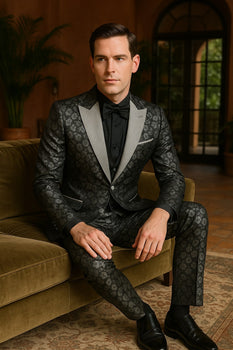 Black and Silver Floral Tuxedo Suit for Men – Luxury Two-Piece Formal Suit with Satin Lapel and Bow Tie - Image 2