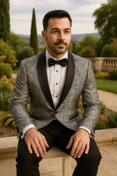 Mens Black and Silver Paisley Tuxedo with Satin Lapel and Bow Tie – Formal Party Suit - Image 3