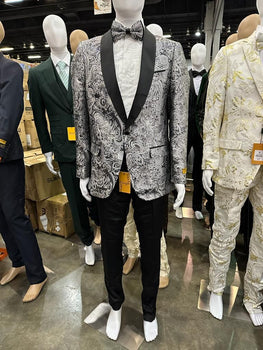 Mens Black and Silver Paisley Tuxedo with Satin Lapel and Bow Tie – Formal Party Suit - Image 2