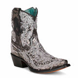 Black and White Embroidery with Crystal Accent Ankle Boots