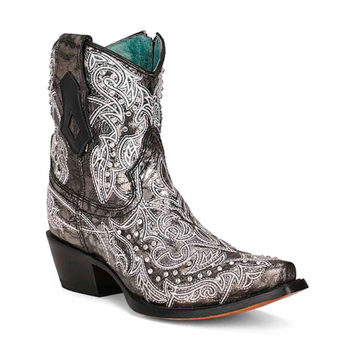 Black and White Embroidery with Crystal Accent Ankle Boots