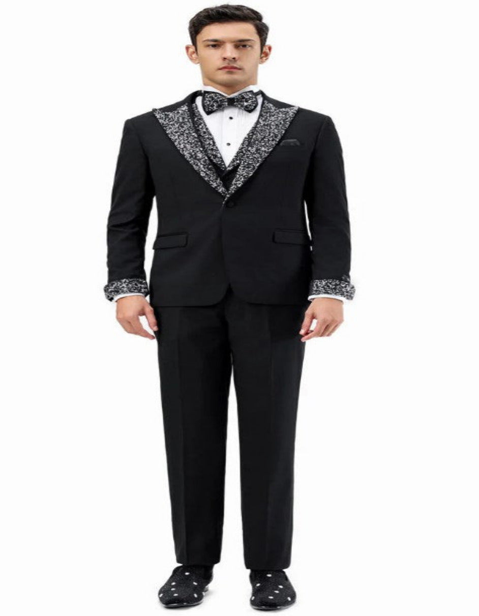 Black and White Prom Tuxedo - Perfect Wedding Suit Vested rhinestone sequin Lapelled - Image 3