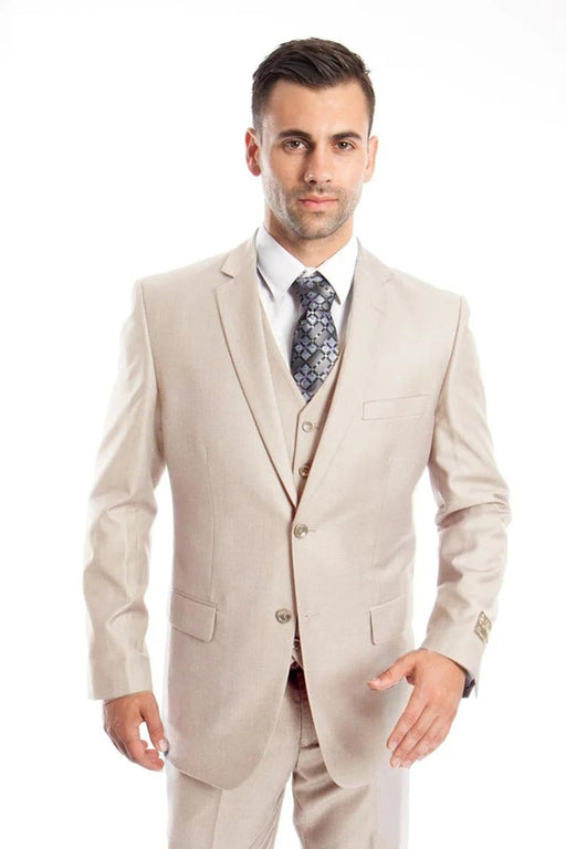Men's Vested Two Button Solid Color Wedding & Business Suit in Tan