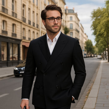 Wool Suit - Italian Made Business Suit by Statement Men's 100% Wool 2 Piece Double Breasted Suit - Subtle Windowpane