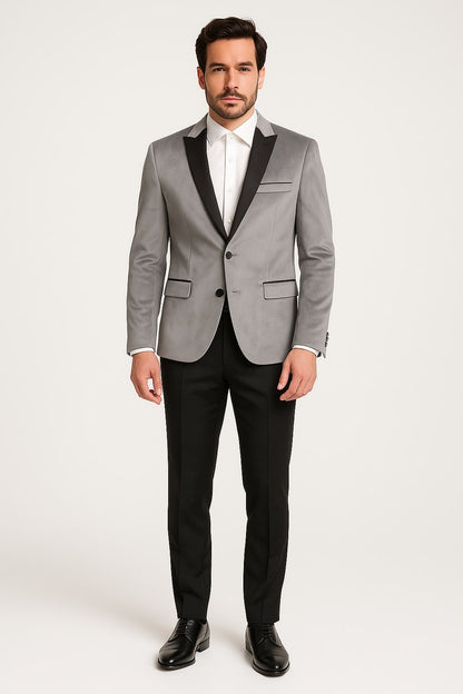 Men's Grey Velvet Tuxedo Jacket with Black Satin Lapel Suit – Mens Blazer + Black Pants - Image 2