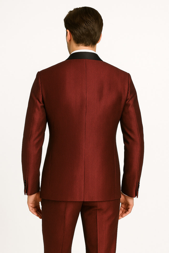 Men's Burgundy Shiny Tuxedo with Black Satin Shawl Lapel – Ultra Slim Fit Party & Prom Suit - Image 2