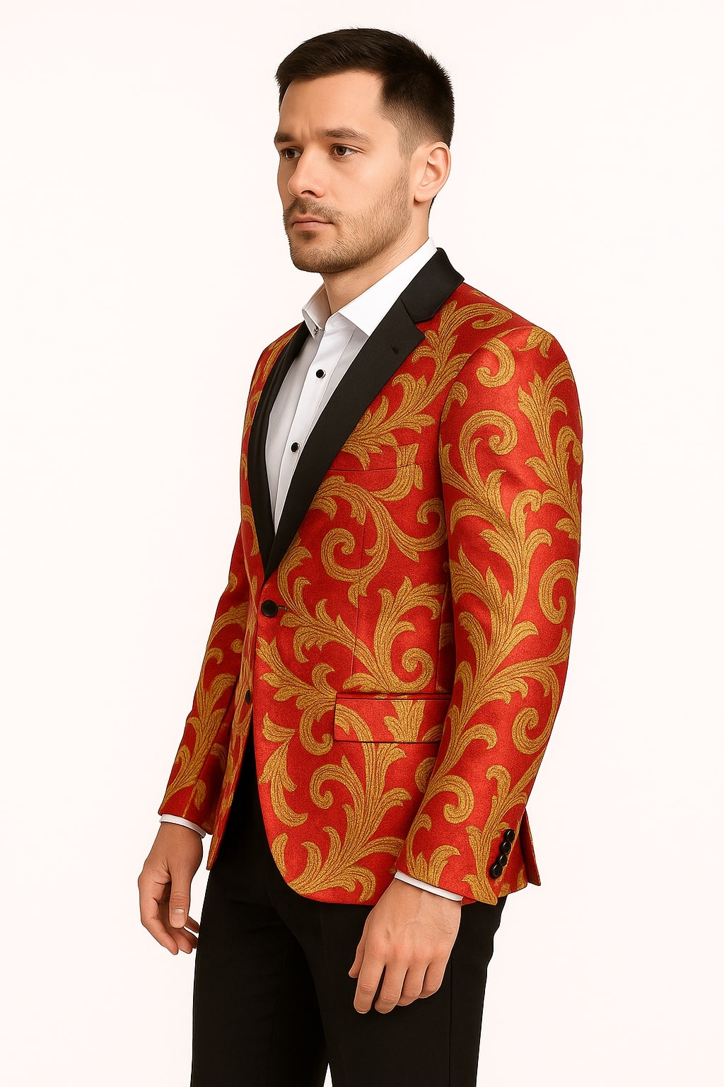 Men's Red and Gold Baroque Tuxedo Jacket with Black Satin Shawl Lapel - Image 3