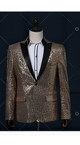 Gold / Yellow & Black Real Sequin With Black Tuxedo Dinner Jacket Blazer Shin