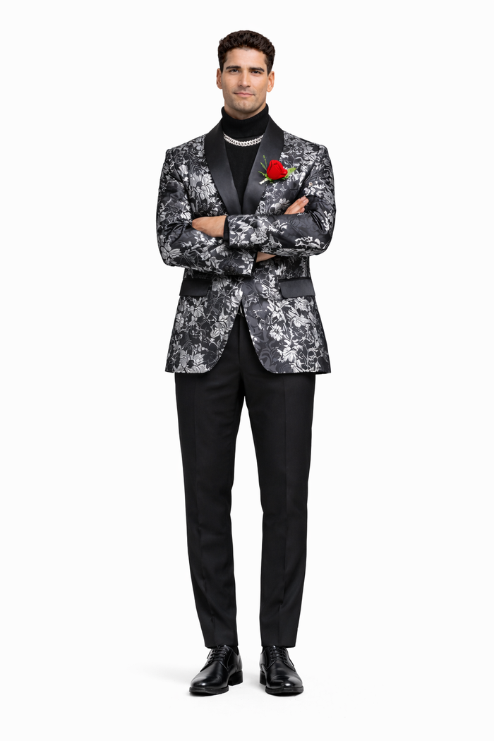 Black And Silver Blazer - Paisley Black And White Tuxedo With Matching Bowtie