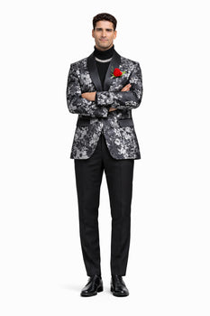 Black And Silver Blazer - Paisley Black And White Tuxedo With Matching Bowtie