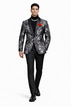 Black And Silver Blazer - Paisley Black And White Tuxedo With Matching Bowtie