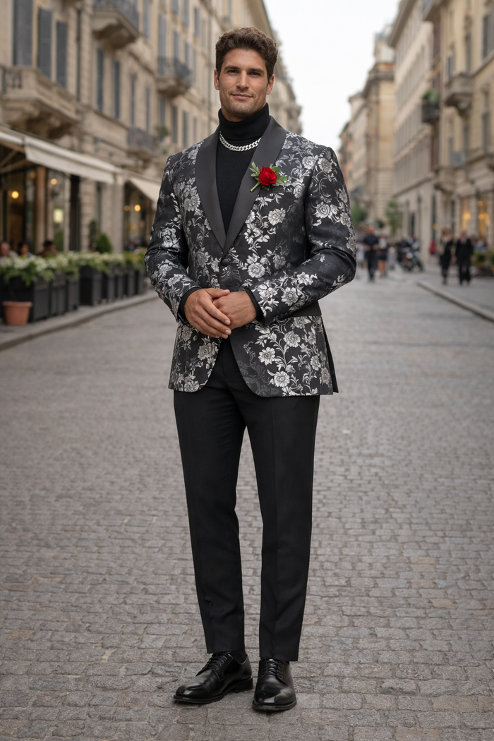 Black And Silver Blazer - Paisley Black And White Tuxedo With Matching Bowtie