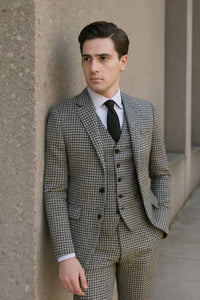 Tailored black and white suit