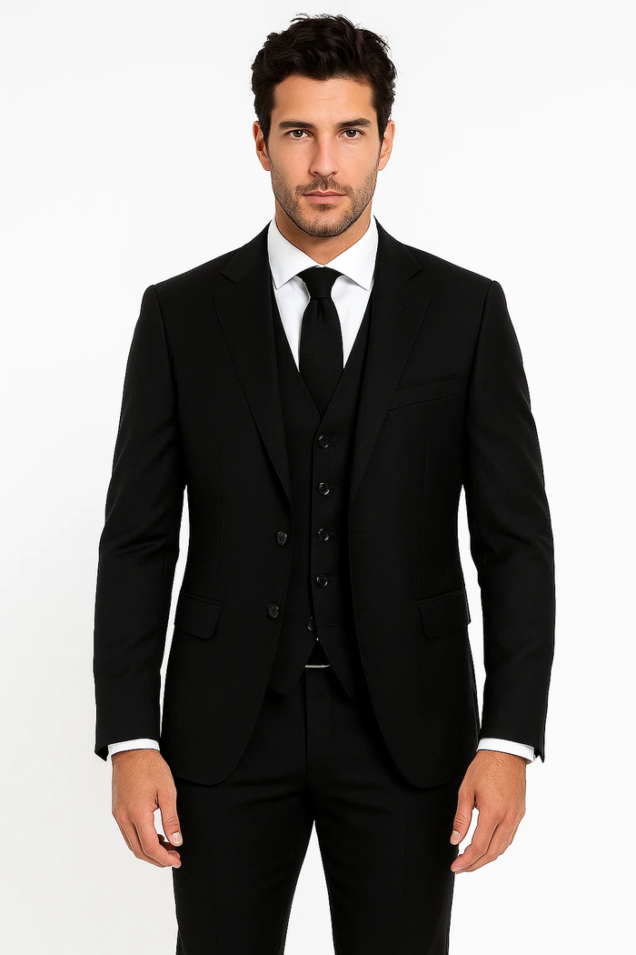Black Birdseye Pattern Slim Fit Men’s Two Button Vested Suit