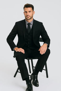 Black Birdseye Pattern Slim Fit Men’s Two Button Vested Suit