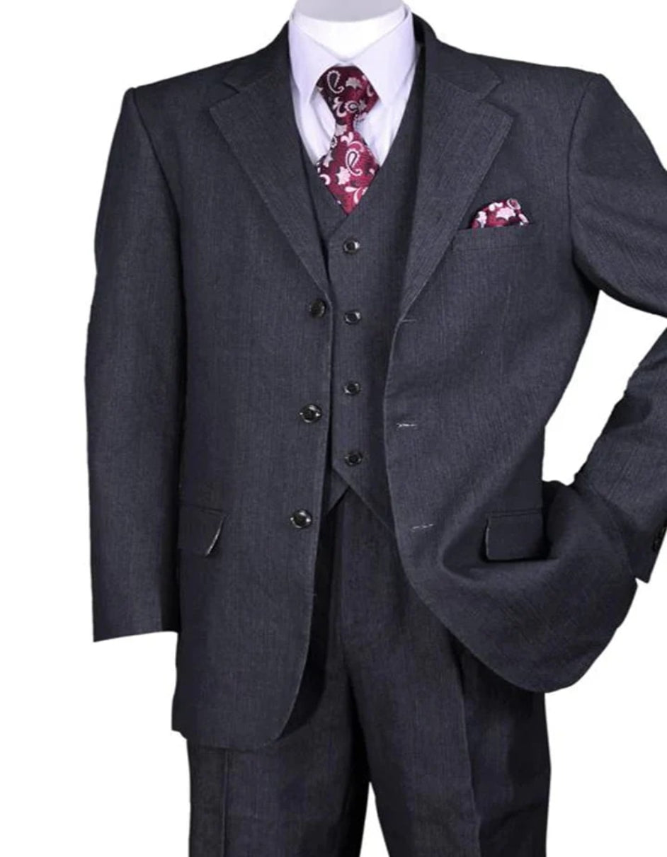 Men's Side Vented Jacket & Flat Front Pants Black Pinstripe 2-Button Vested Suit main image 1