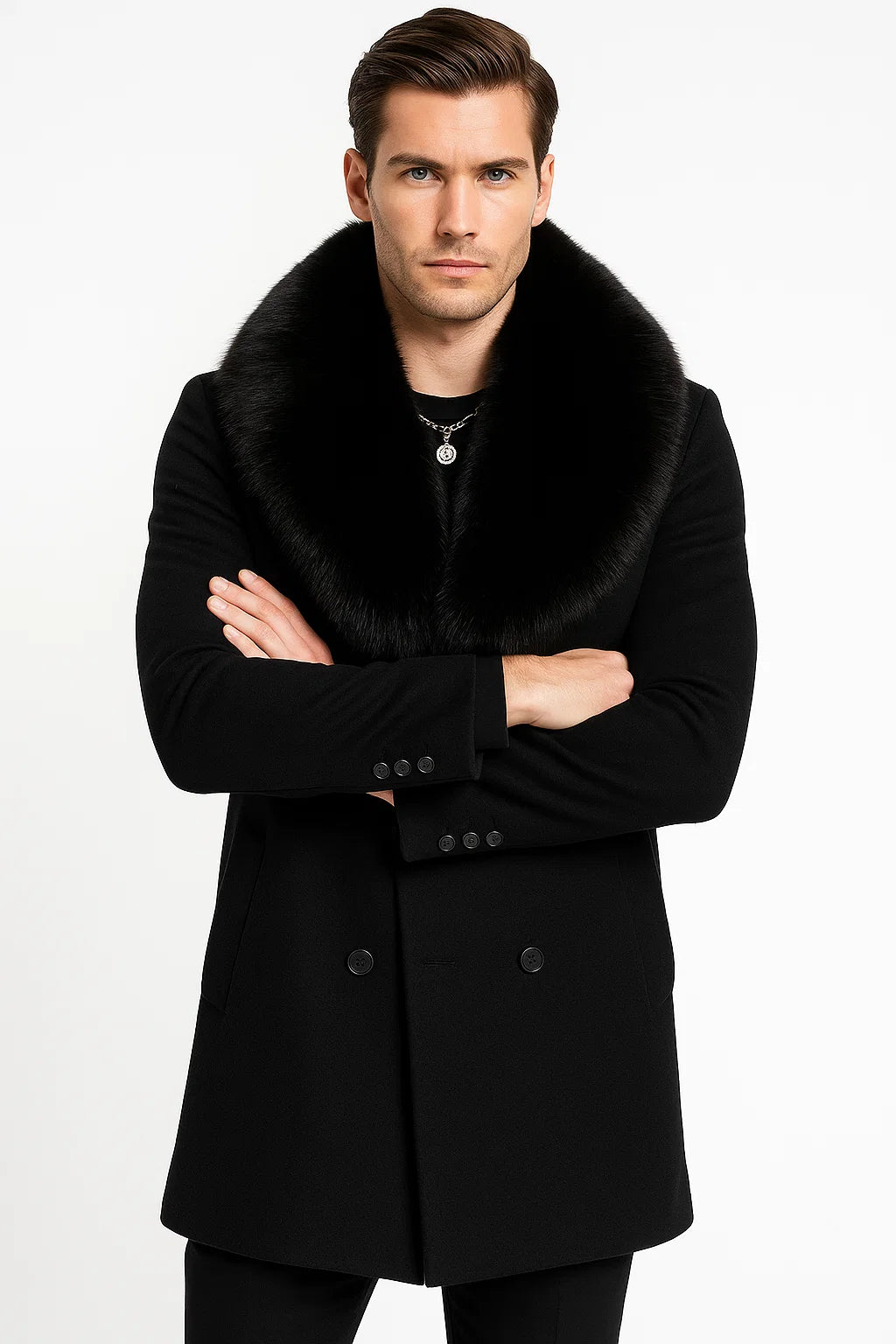  Black Double-Breasted Overcoat