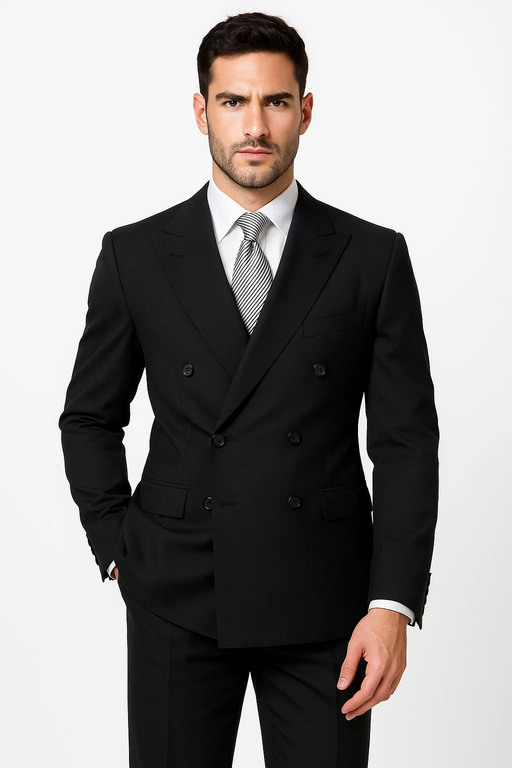 Brand New Solid Black Double Breasted Suit 100% Wool Fabric Super 150s Wide Suit Side Vent (pleated or Flat Front Pants)