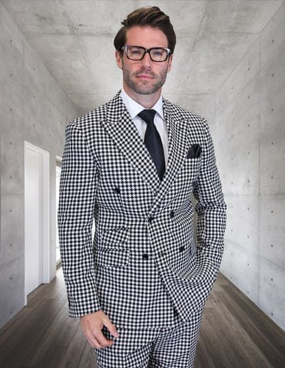 Men’s Black and White Houndstooth 2 Piece Wool Suit with Double Breasted Jacket and Pants