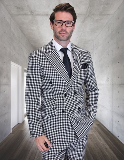 Men’s Black and White Houndstooth 2 Piece Wool Suit with Double Breasted Jacket and Pants  Modern Fit