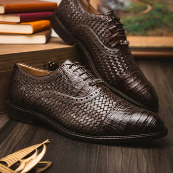 Marco Di Milano John Men's Shoes Exotic Caiman Crocodile / Woven Leather Dress Oxfords - Image 27