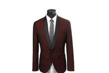 Cheap Priced Blazer Jacket For Men Online Slim Fit 1 Button Burgundy ~ Wine ~ Maroon Color Two Toned Black Lapel Satin Shawl Collar Dinner Jacket Looking! Burgundy Tuxedo