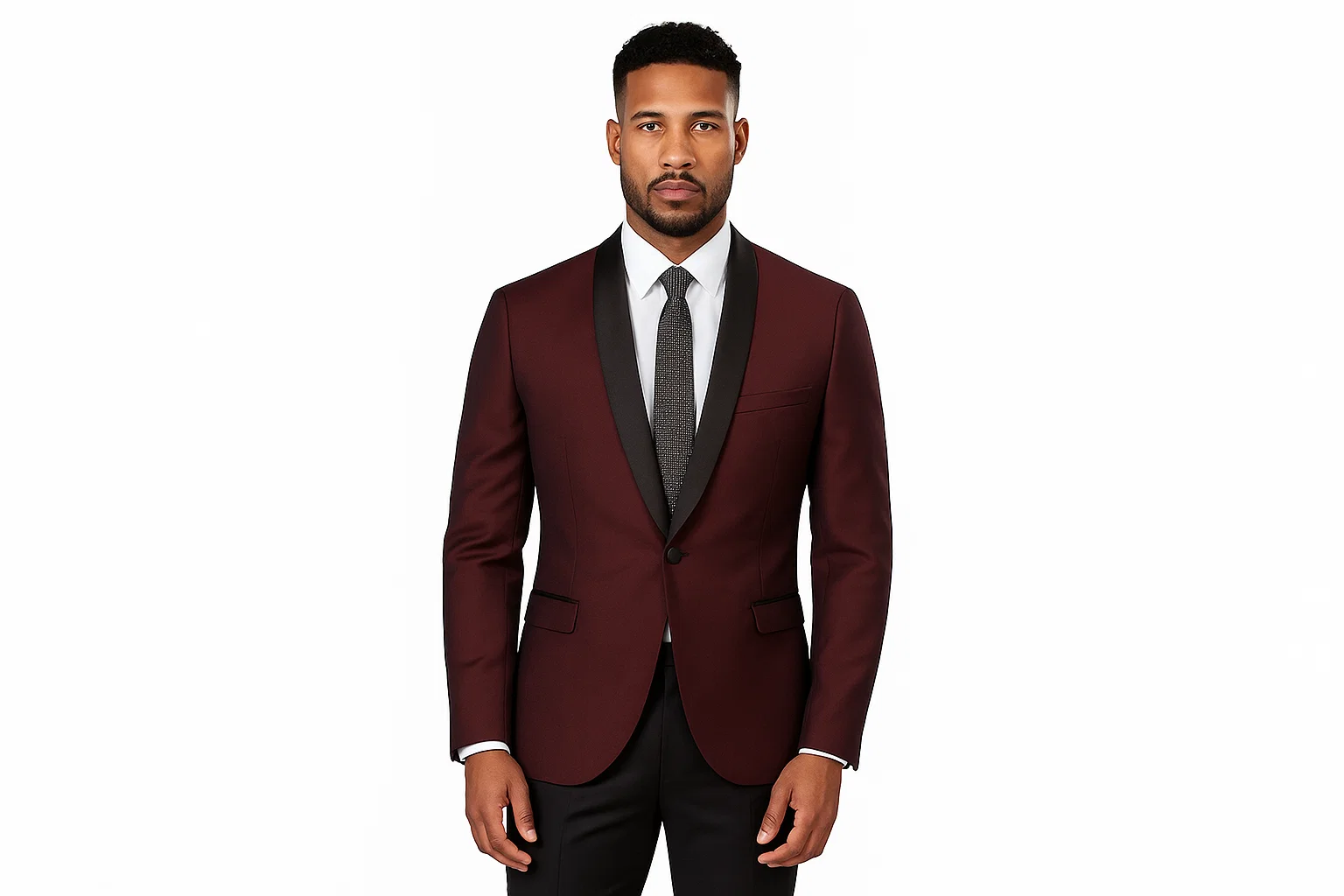 Cheap Priced Blazer Jacket For Men Online Slim Fit 1 Button Burgundy ~ Wine ~ Maroon Color Two Toned Black Lapel Satin Shawl Collar Dinner Jacket Looking! Burgundy Tuxedo - Image 2